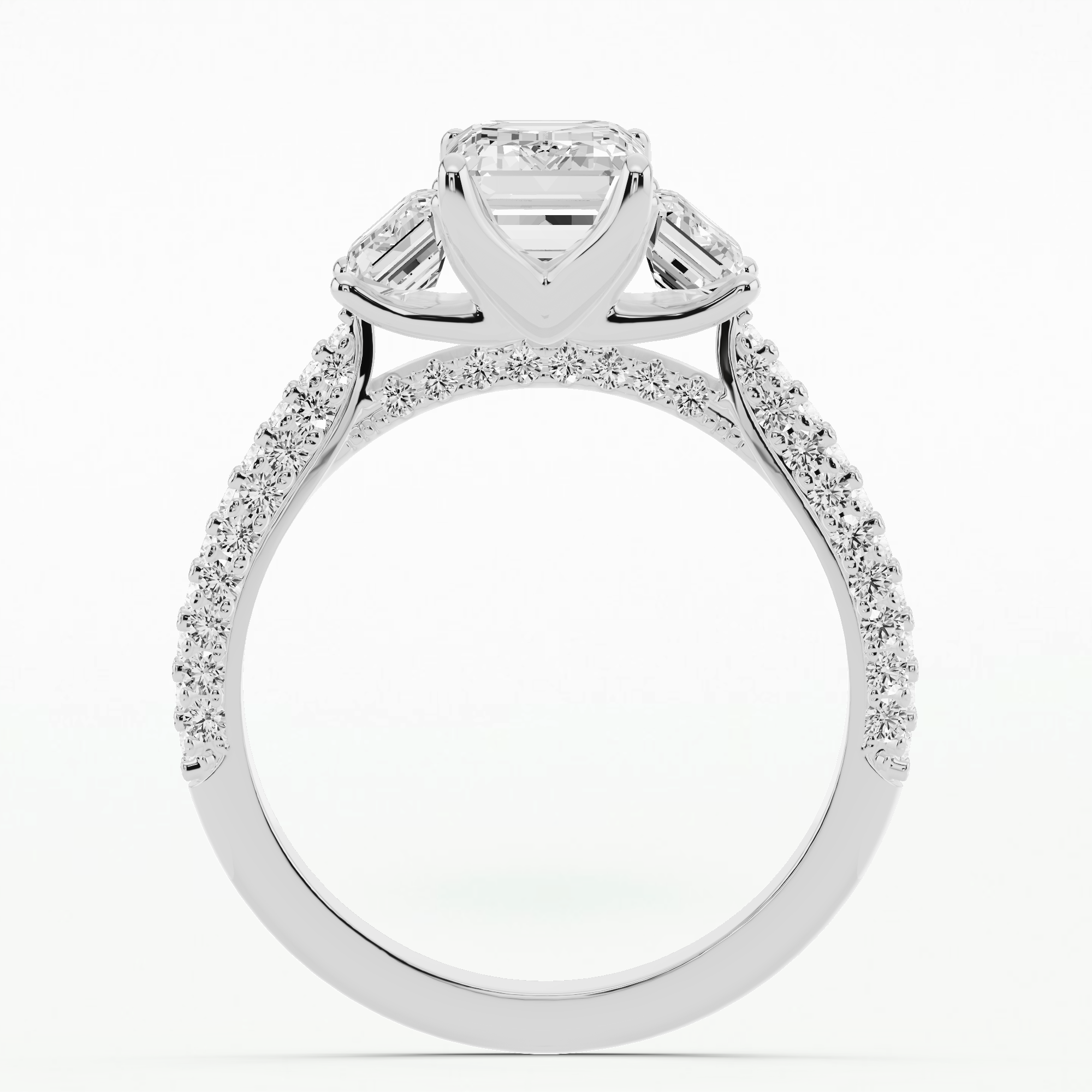Dome Pave Trilogy Solitaire Ring-Emerald Cut