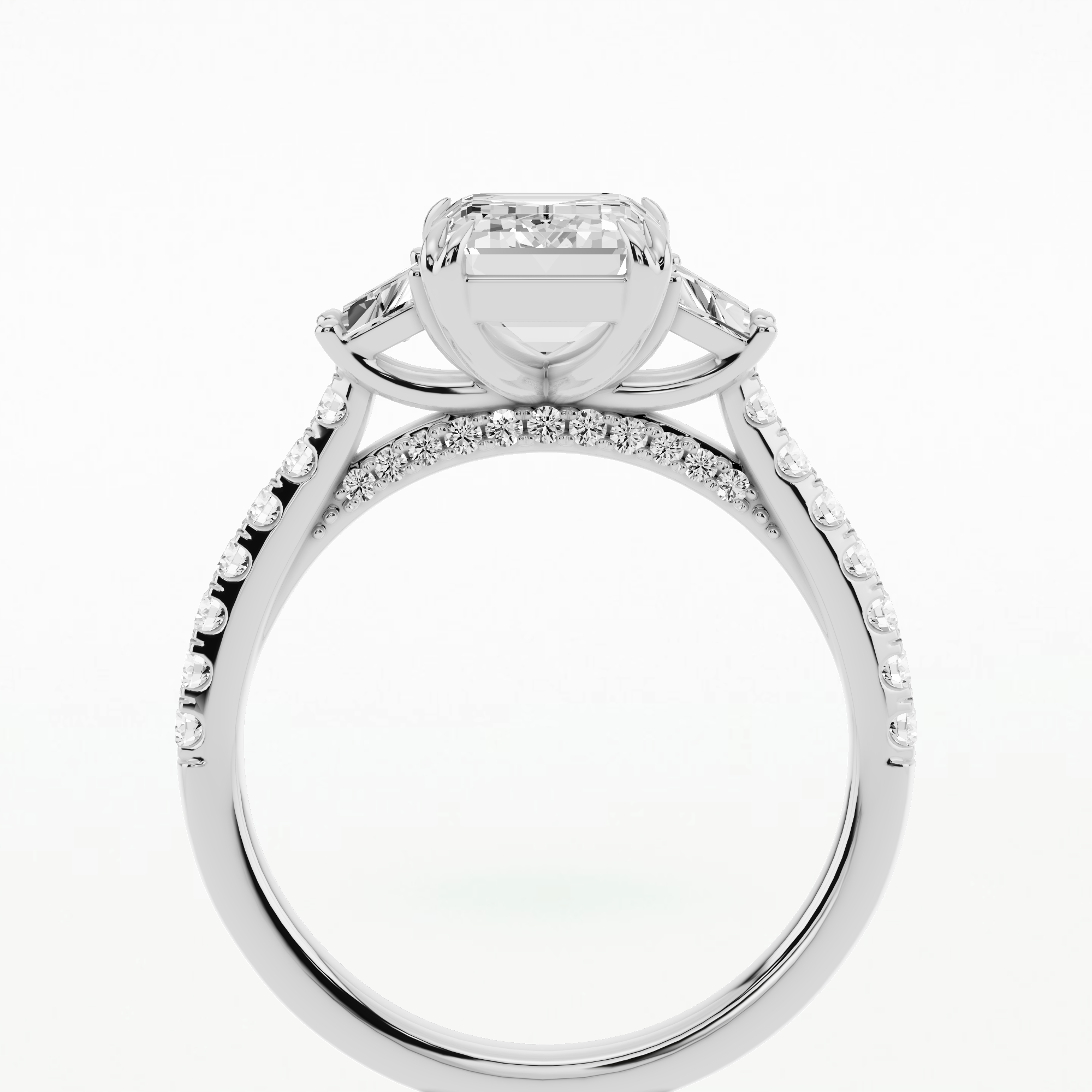 Dome Pave Trilogy Solitaire Ring-Emerald Cut