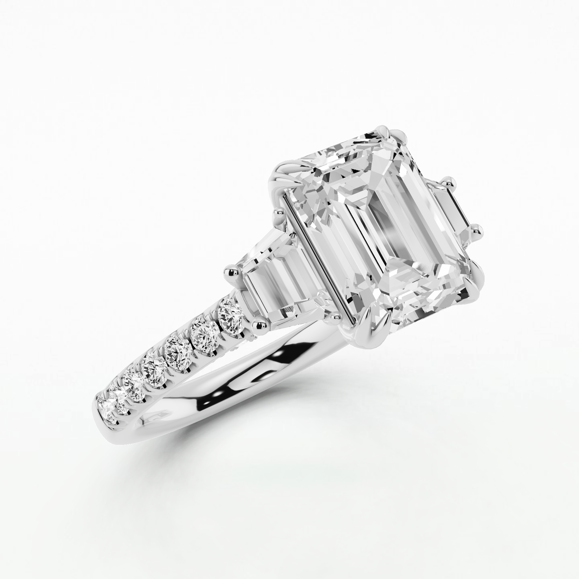 Dome Pave Trilogy Solitaire Ring-Emerald Cut