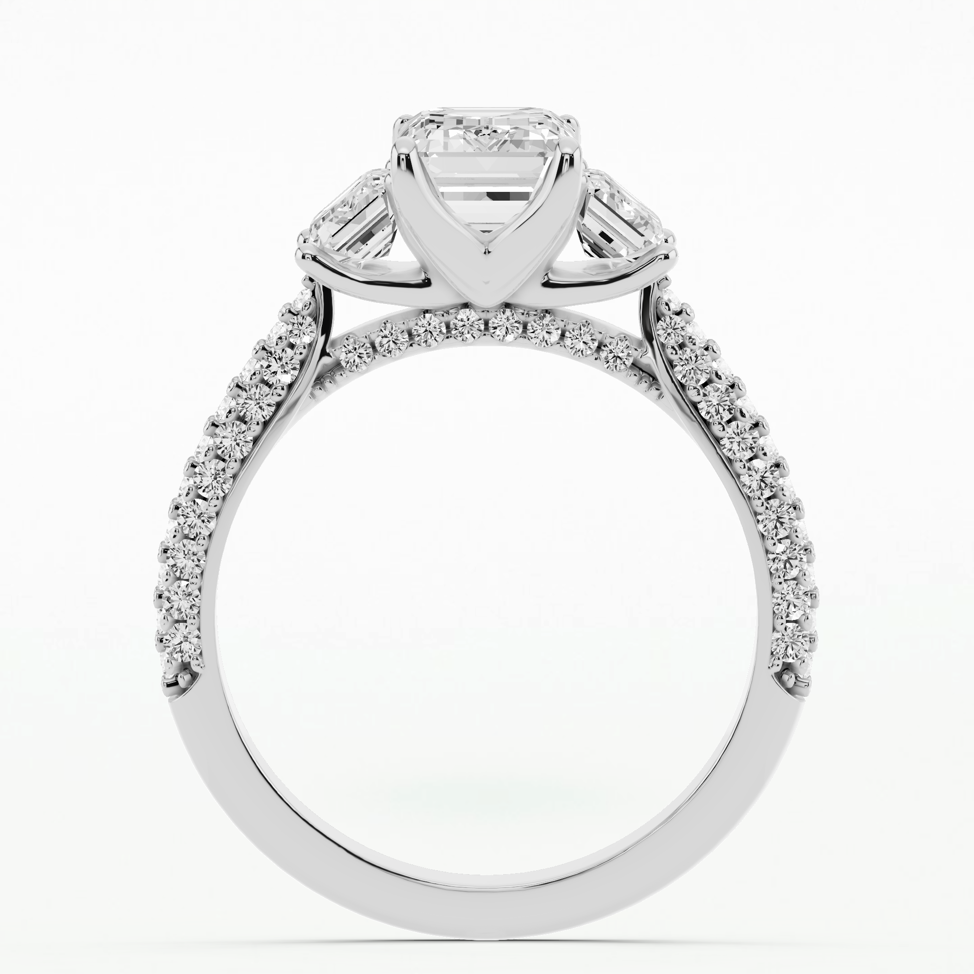 Dome Pave Trilogy Solitaire Ring-Emerald Cut