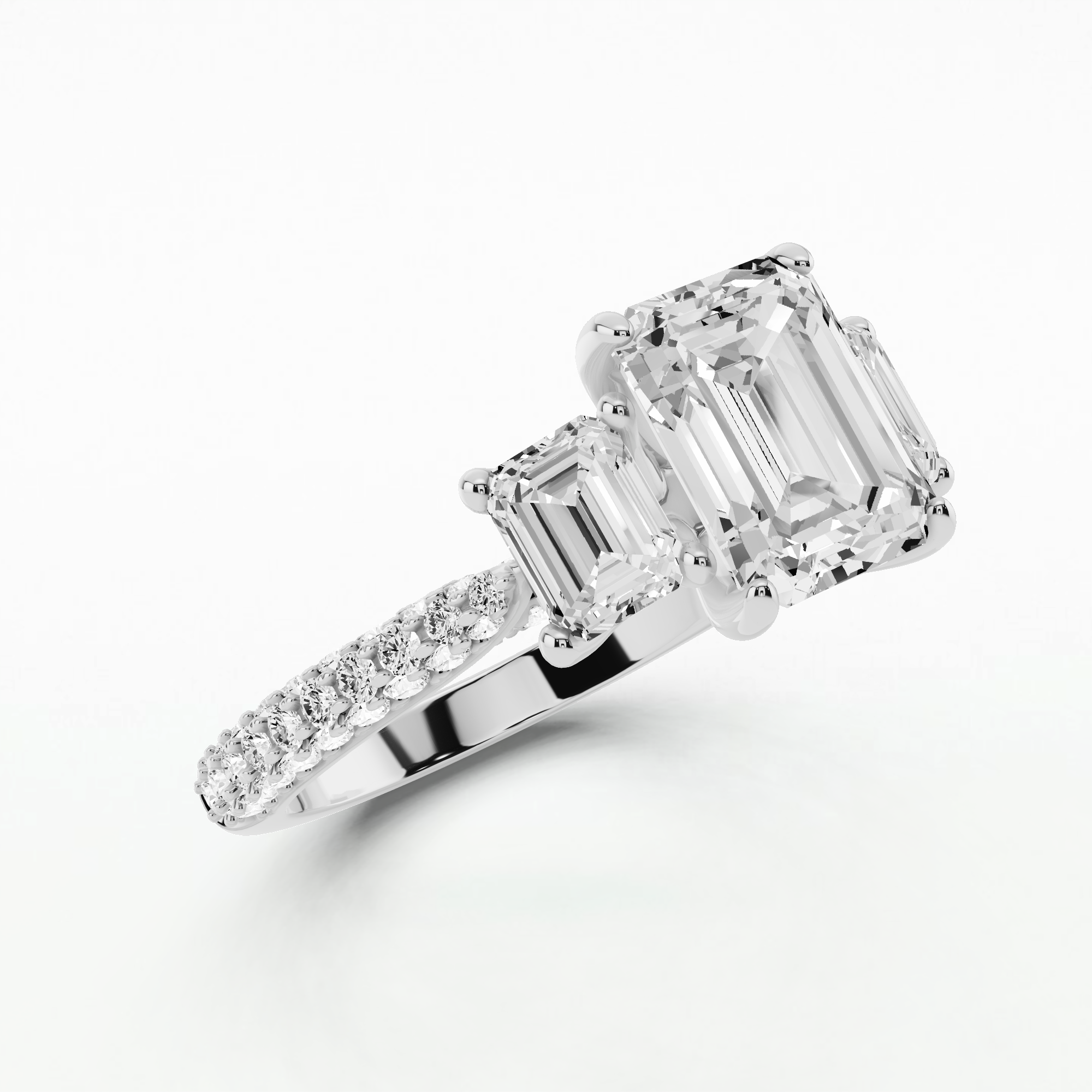 Dome Pave Trilogy Solitaire Ring-Emerald Cut
