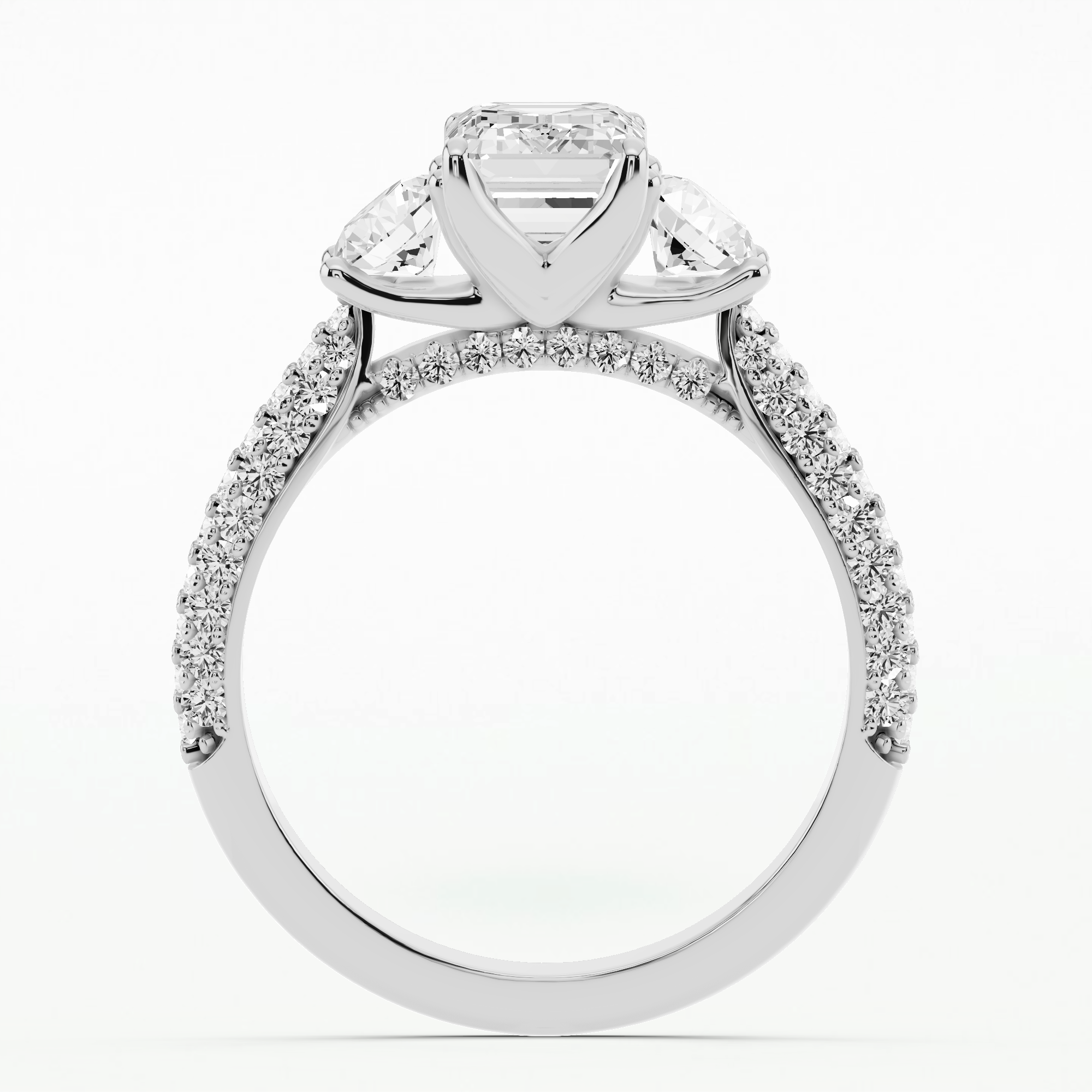 Dome Pave Trilogy Solitaire Ring-Emerald Cut