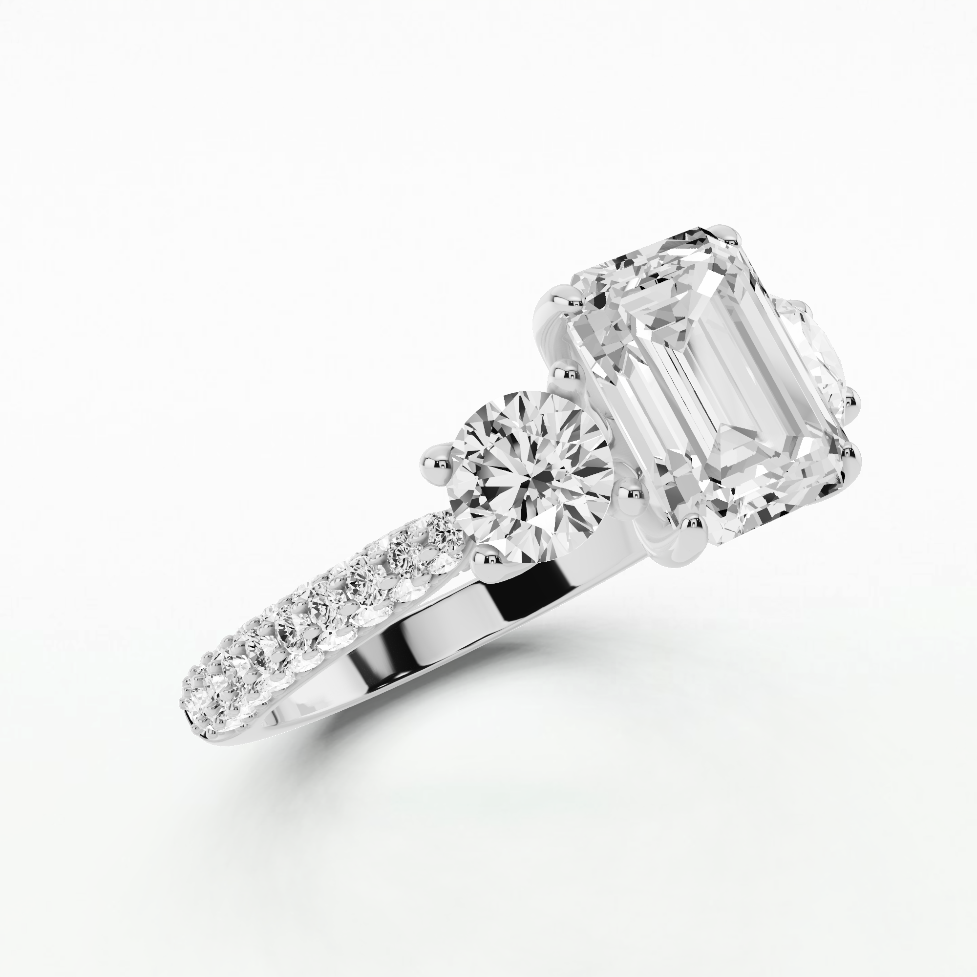 Dome Pave Trilogy Solitaire Ring-Emerald Cut