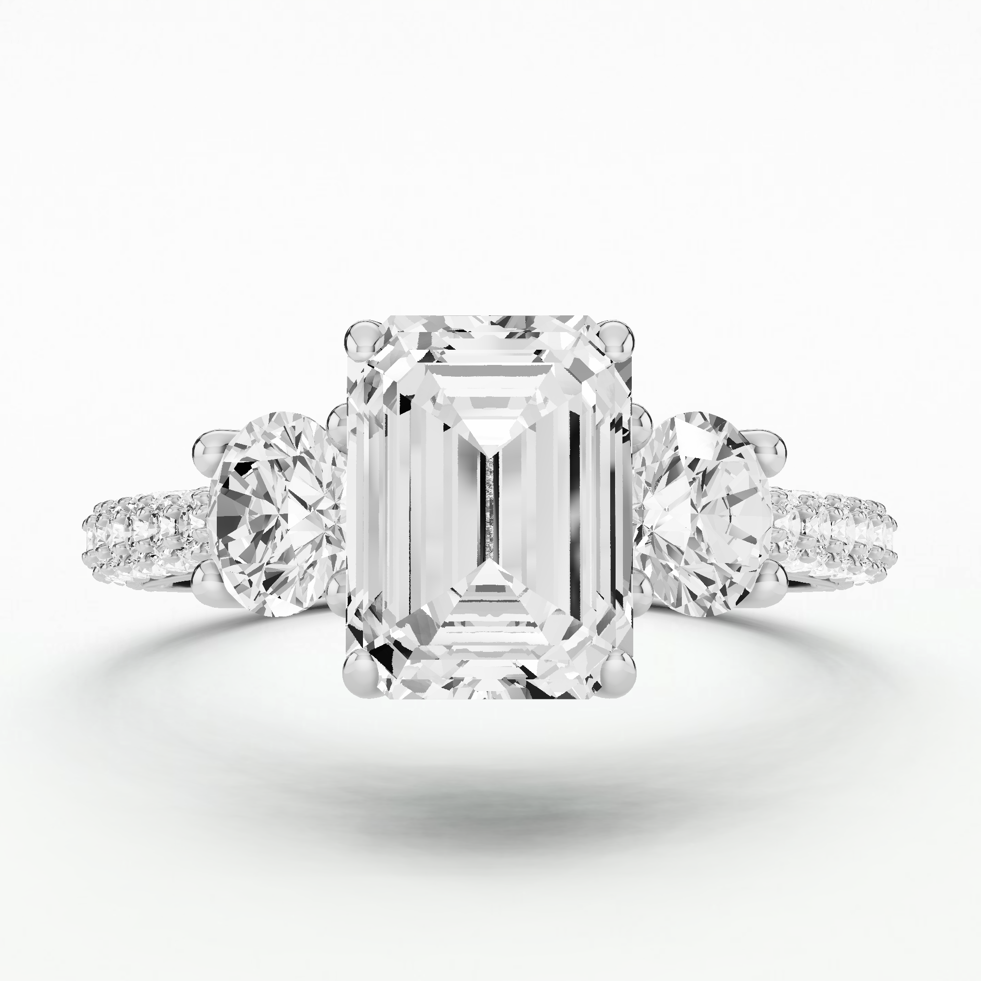 Dome Pave Trilogy Solitaire Ring-Emerald Cut